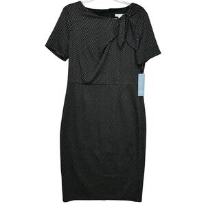 London Times Sheath Dress Womens 12 Black White Diamond Print NWT Side Tie Neck